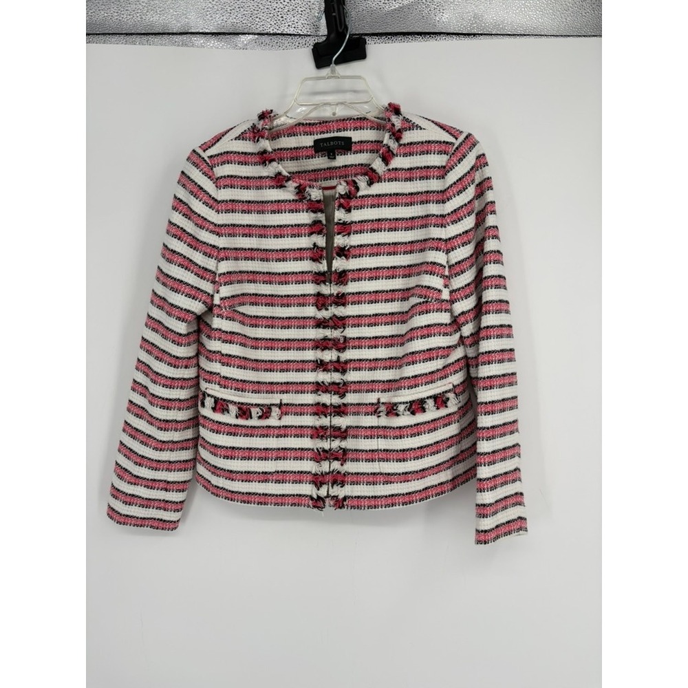 Talbots Jacket Women 8 Pink Striped Tweed Fringe Zip Front Blazer Career